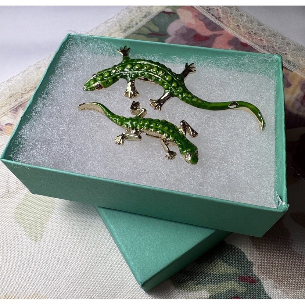 Vintage 80s Green Enamel Lizard Gecko Brooch Pin Set 2pc Mother Baby Reptile